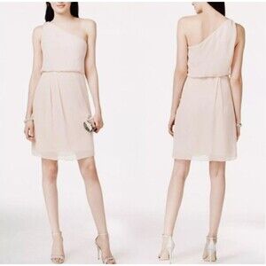ADRIANNA PAPELL Embellished chiffon pink Blush color One-Shoulder SZ 14
